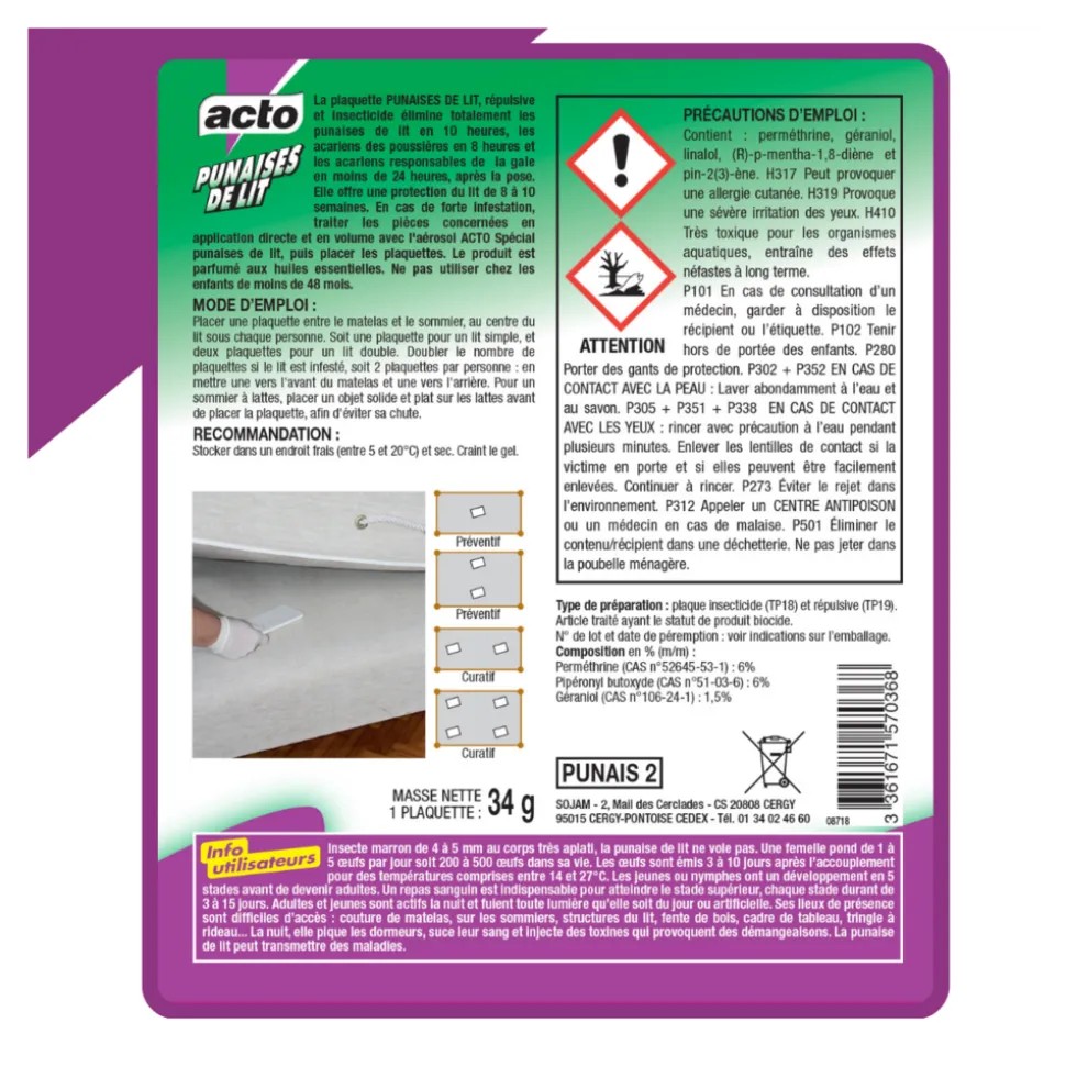 ACTO - Acto plaquette punaises de lit - répulsive et insecticide