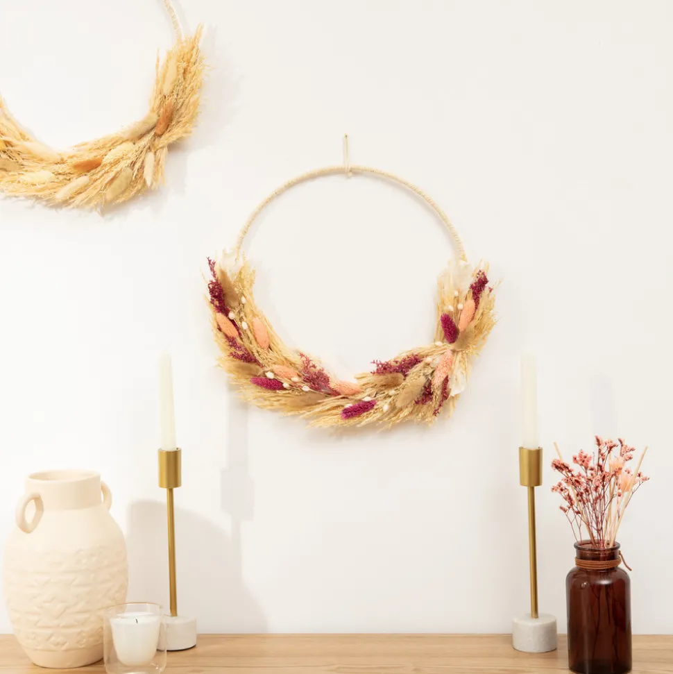 ATMOSPHERA - Couronne de fleurs séchées beige et rose d 36 cm