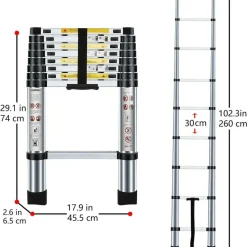 BM TOOLS - Échelle télescopique bm tools 2,6m en acier inoxydable, charge 150kg pliable extensible unique droite multi-fonction, bricolage