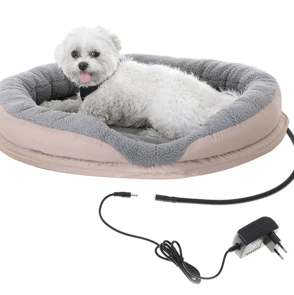 CAMRY - Panier pour chiens et chats électrique chauffant - camry cr7431, rond 76 x 58 cm, laine synthétique douce, 18 w, blanc/marron