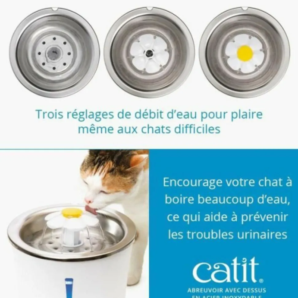 CAT IT - Fontaine a eau pour chat a fleur - catit - flower - 3l - dessus en acier inoxydable - avec led - blanc
