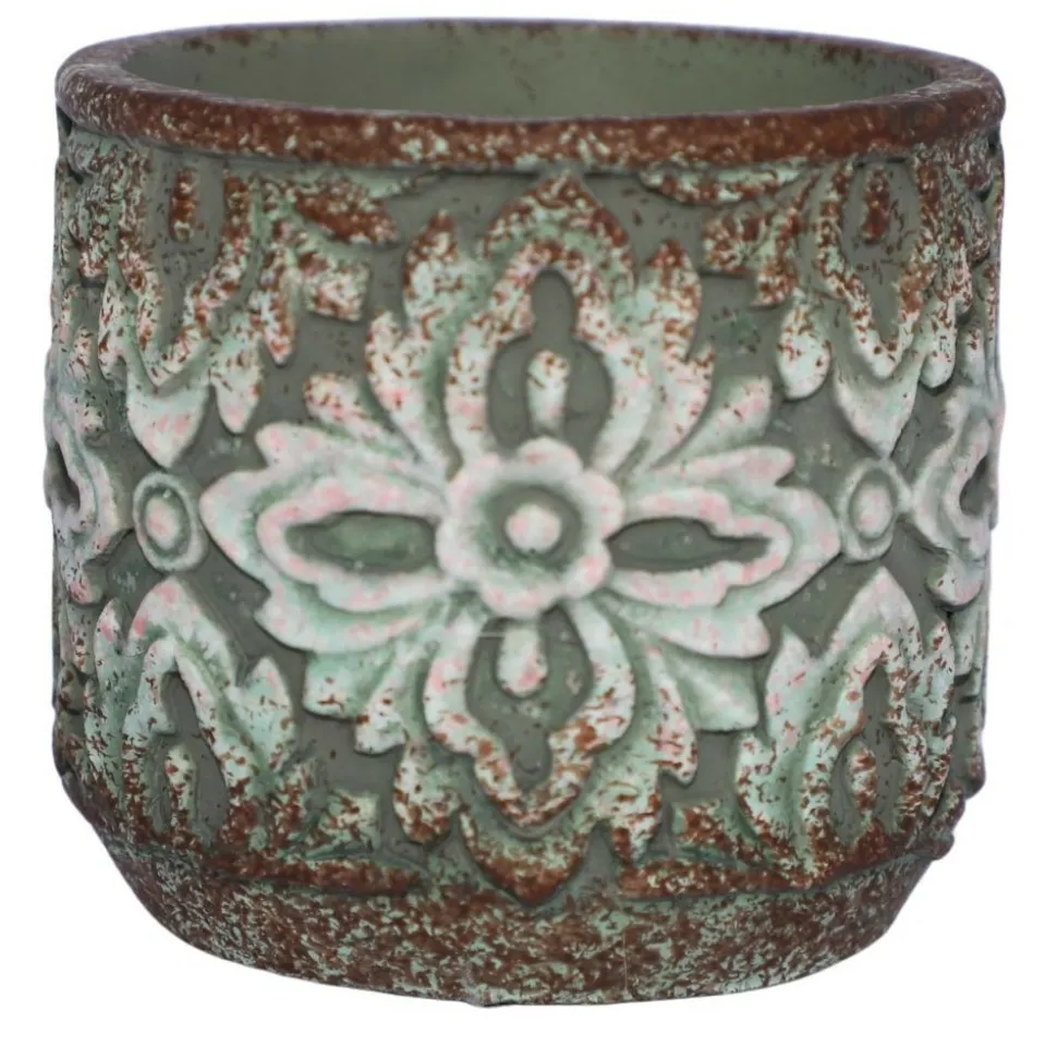 CHEMIN DE CAMPAGNE - Cache-pot rond en ciment vieilli vert/rose ø.14 x ht.13 cm