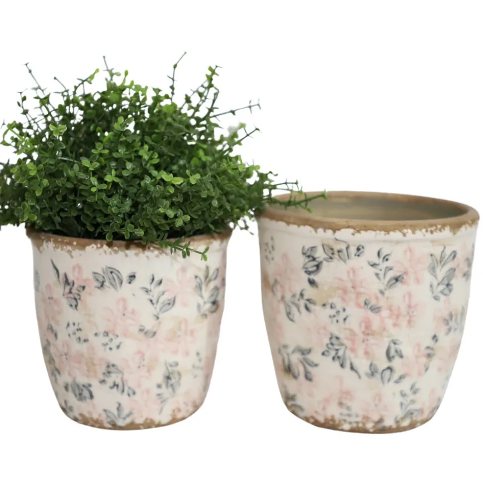 CHEMIN DE CAMPAGNE - Cache-pot rond "fleurs bleues et rose" ø.12.5 x 12 cm