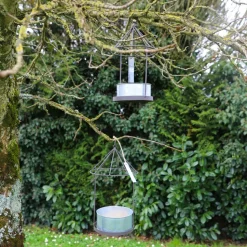 CHEMIN DE CAMPAGNE - Set2 mangeoires oiseaux abreuvoir jardin métal gris 28.5-41cm