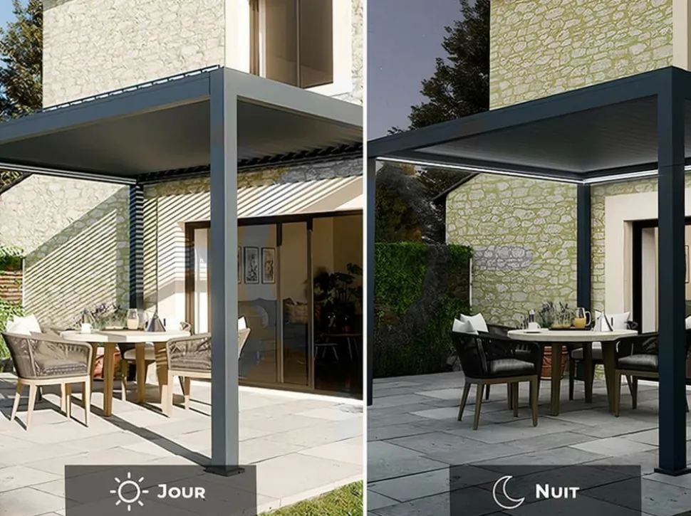 DIRECT ABRIS - Pergola bioclimatique adossée motorisée 12m² 3x4m gris anthracite stellar - eclairage intégré