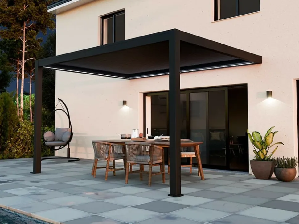 DIRECT ABRIS - Pergola bioclimatique adossée motorisée 12m² 3x4m gris anthracite stellar - eclairage intégré