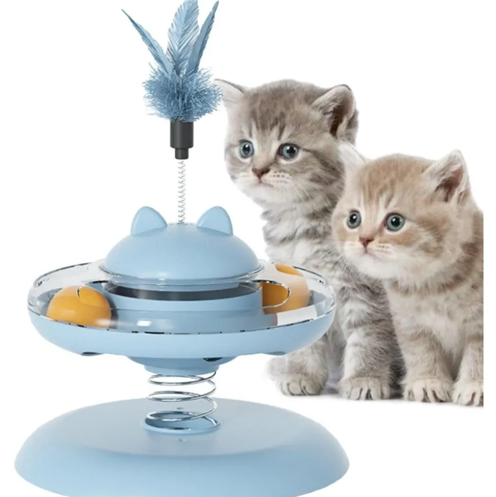 DOWNYPAWS - Canne à pêche pour chat-jouet plateau tournant pour chat-jouet interactif avec plumes, bleu