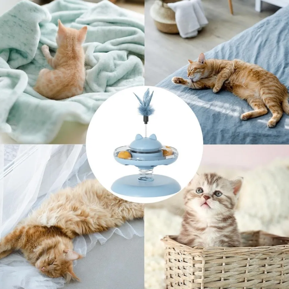 DOWNYPAWS - Canne à pêche pour chat-jouet plateau tournant pour chat-jouet interactif avec plumes, bleu