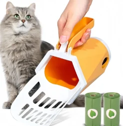 DOWNYPAWS - Ramasse - crottes portables pour litière de chat et chien : distribue sacs intégrés avec rouleau sans contact orange taille moyenne