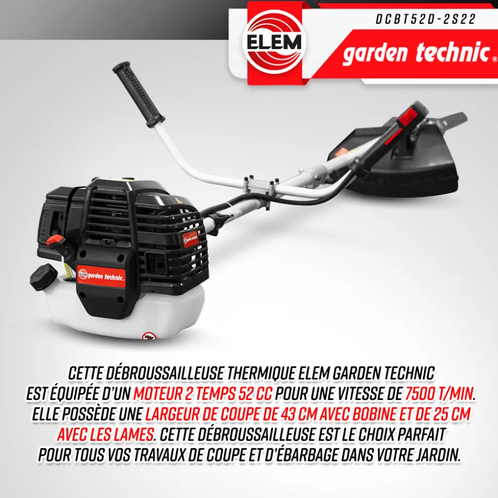 ELEM GARDEN TECHNIC - Débroussailleuse thermique 52cc - bobine + 3 lames - elem garden