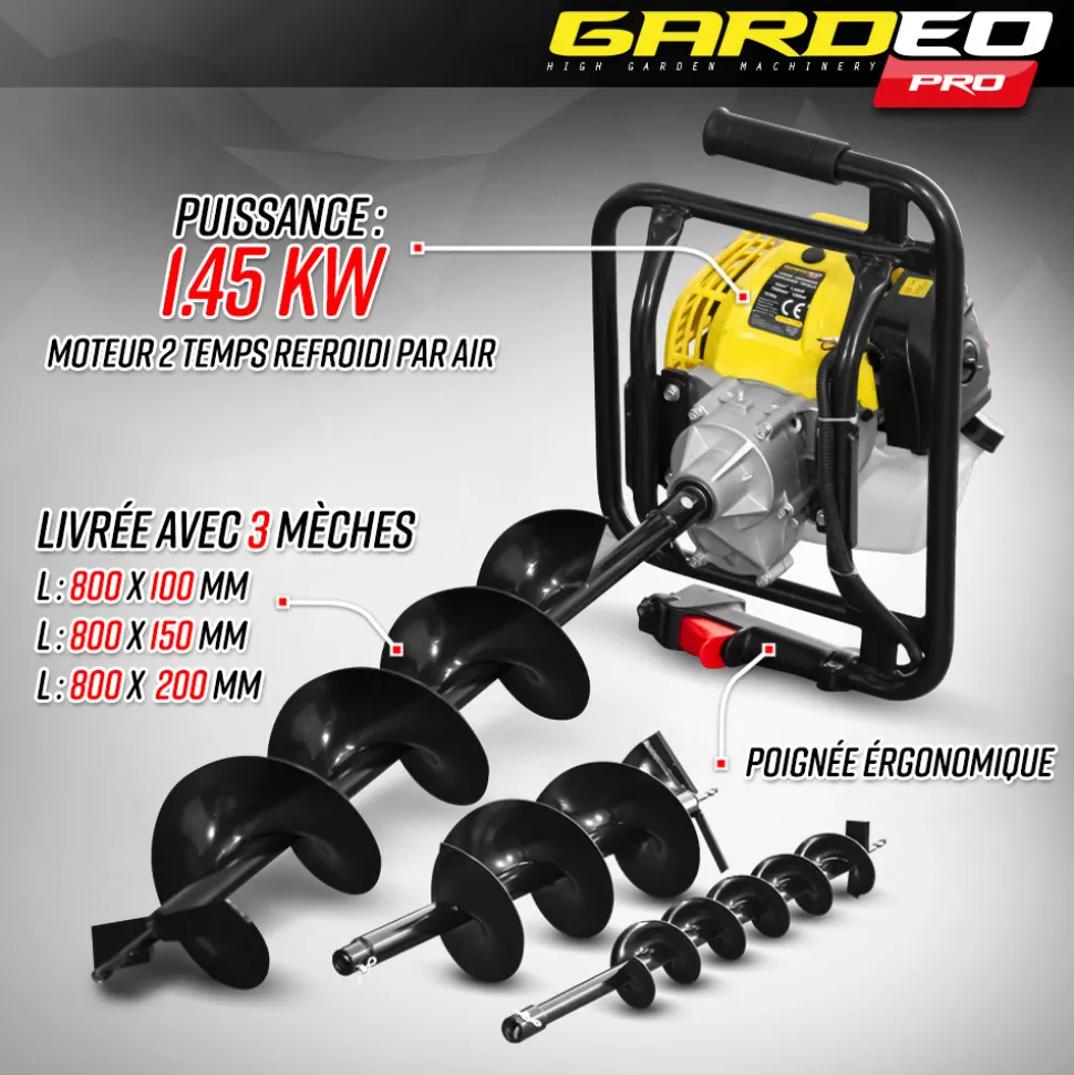 GARDEO PRO - Tarière thermique 52cc + 3 mèches 100 - 150 et 200mm - gardeo