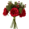 PARIS PRIX - Bouquet de fleurs artificielles "roses" 28cm rouge & vert