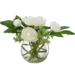 PARIS PRIX - Fleur artificielle & vase "pivoine renoncule" 30cm blanc