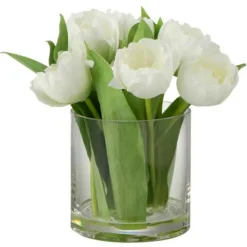 PARIS PRIX - Fleur artificielle & vase "tulipes" 22cm blanc