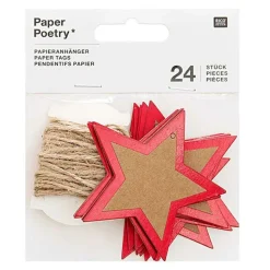 RICO DESIGN - 24 étiquettes à suspendre étoiles kraft & rouges